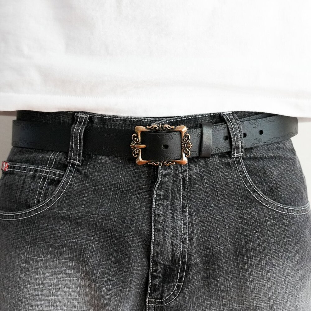 y2k floral buckle black belt — 2000s western style